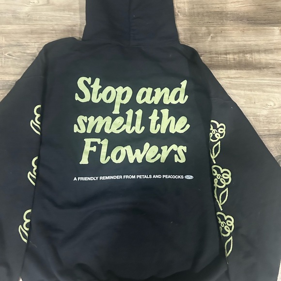 'Stop and smell the Flowers' Petals and Peacocks Black Fleece Pullover Hoodie - Picture 10 of 11